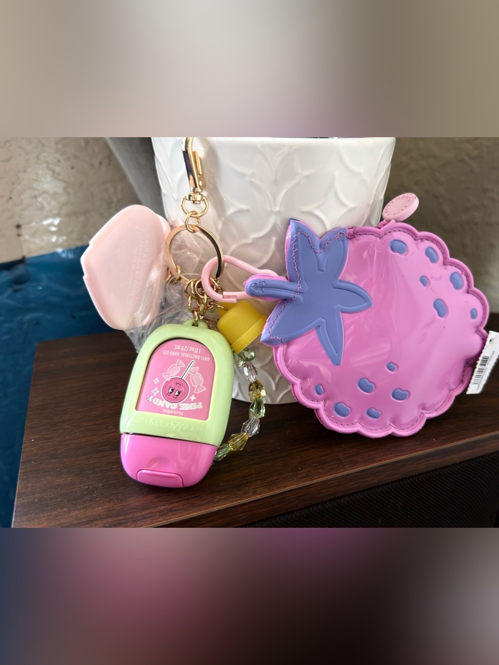 Pink & Purple Strawberry Keychain Accessory with Hand Sanitizer Holder